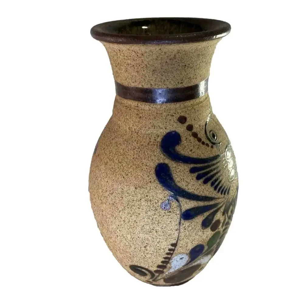 Vtg Tonala Mexico Pottery Vase 9” Hand Painted Bird Folk Art Floral Signed Boho